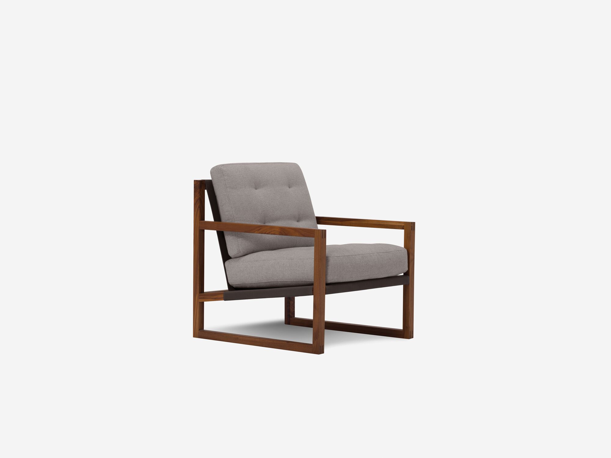 Grey and walnut tufted lounge chair front angle view